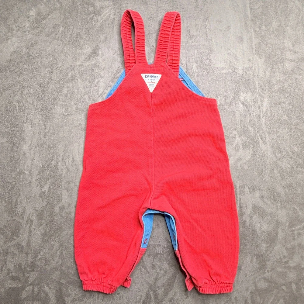 Vintage OshKosh B'gosh Overalls Baby 12M Blue Red Colorblock Bear USA Vestback